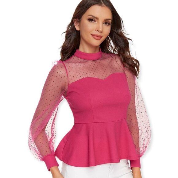 NWT Romwe Women's Mesh Long Sleeve Mock Neck Ruffle Hem Slim Fit Peplum Blouse - Picture 3 of 6